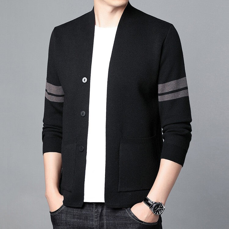Men's Merino Blend Cardigan | Sleeve Stripes & Patch Pockets