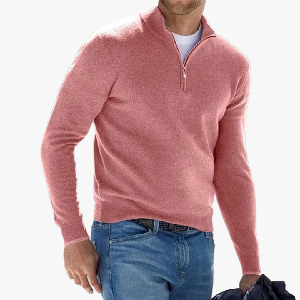 Men's Polyester Knit Sweater | Quarter Zip & Rib Hem