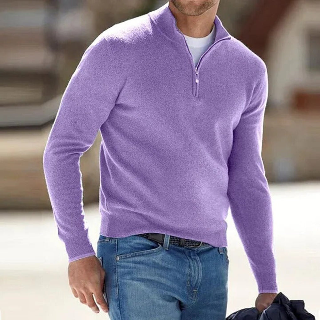 Men's Polyester Knit Sweater | Quarter Zip & Rib Hem