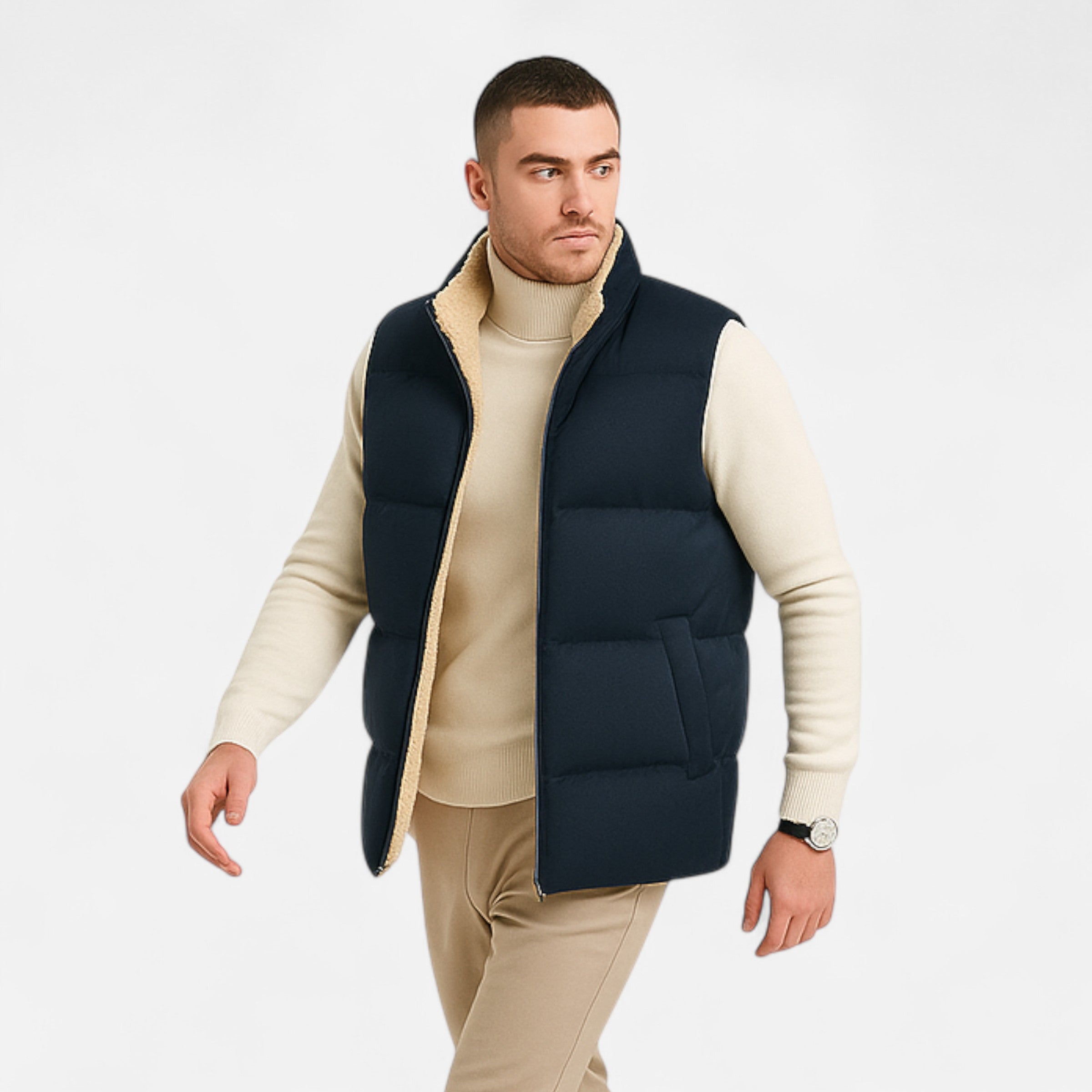 Men's Quilted Polyester Puffer Jacket | Fleece Lining & Stand Collar