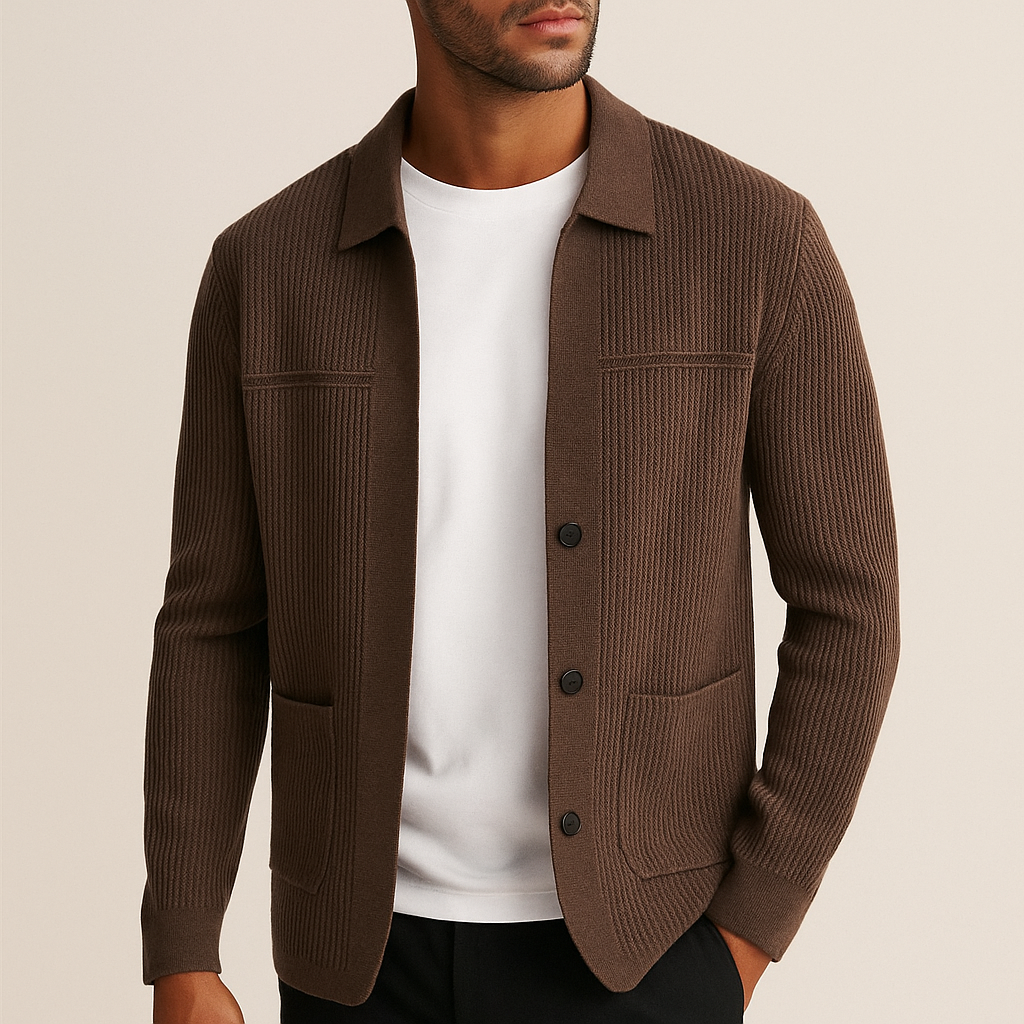 Men's Rib Knit Cardigan | Button Front & Patch Pockets
