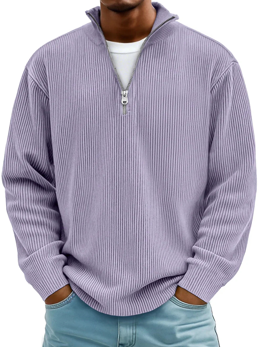 Men's Ribbed Knit Sweater | Quarter Zip & Stand Collar
