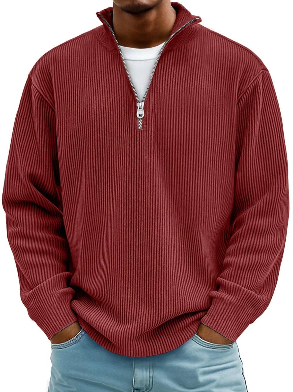 Men's Ribbed Knit Sweater | Quarter Zip & Stand Collar