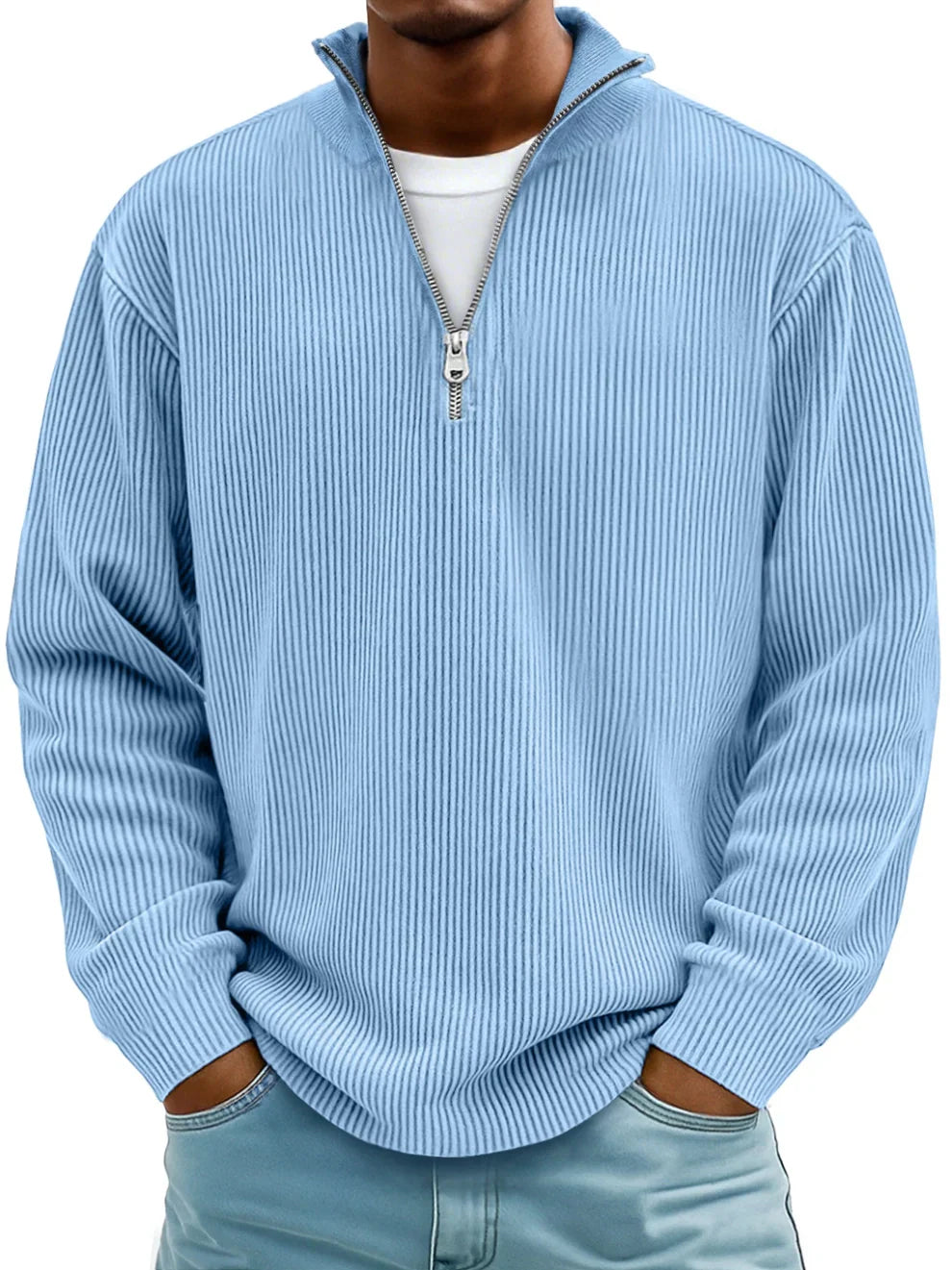 Men's Ribbed Knit Sweater | Quarter Zip & Stand Collar