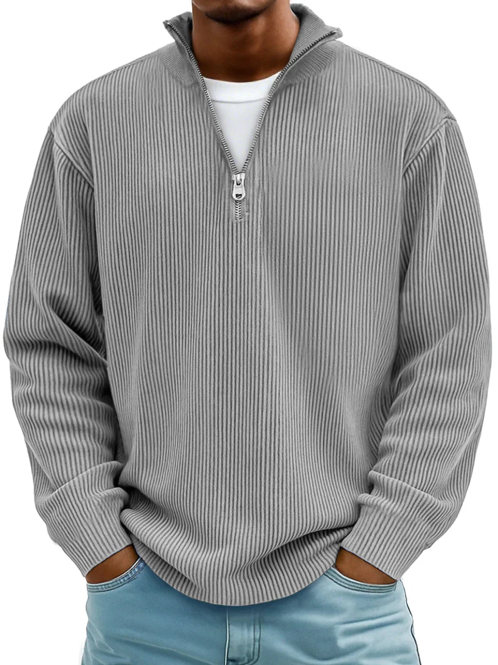 Men's Ribbed Knit Sweater | Quarter Zip & Stand Collar