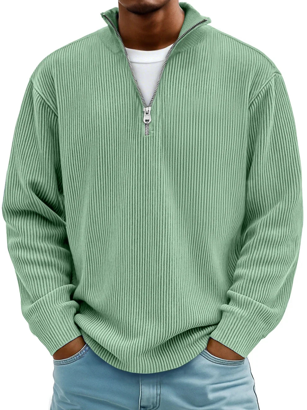 Men's Ribbed Knit Sweater | Quarter Zip & Stand Collar
