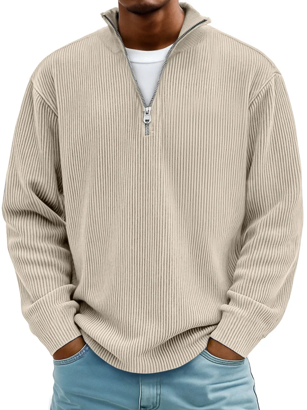 Men's Ribbed Knit Sweater | Quarter Zip & Stand Collar