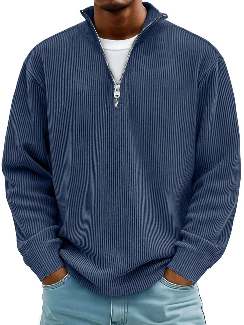 Men's Ribbed Knit Sweater | Quarter Zip & Stand Collar
