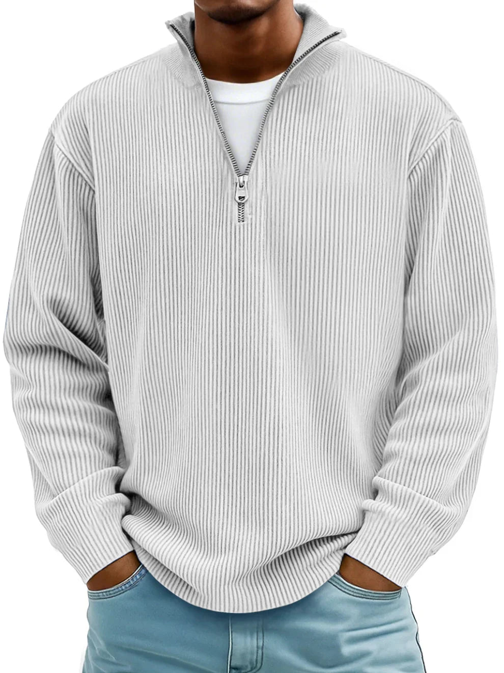 Men's Ribbed Knit Sweater | Quarter Zip & Stand Collar