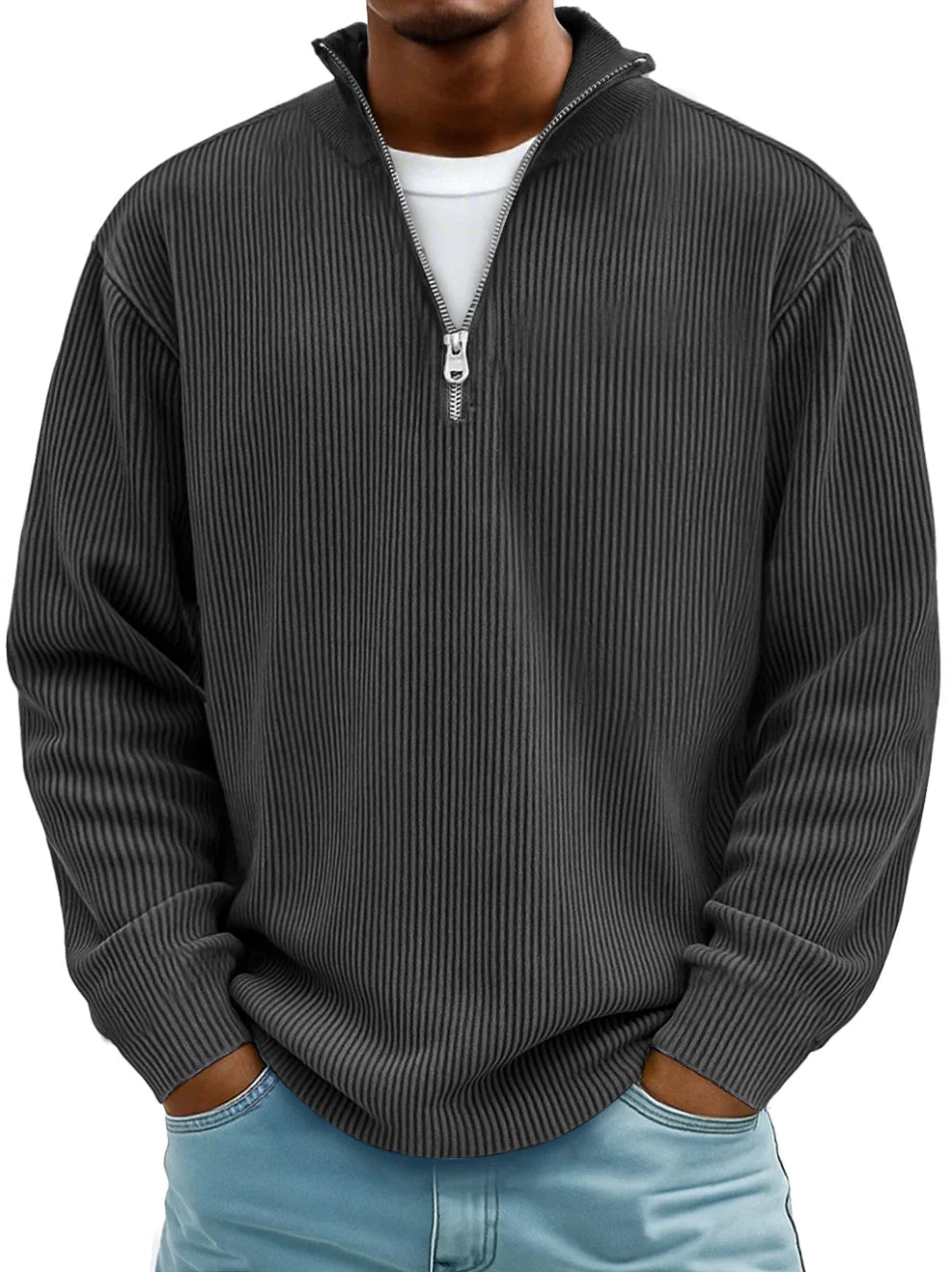 Men's Ribbed Knit Sweater | Quarter Zip & Stand Collar