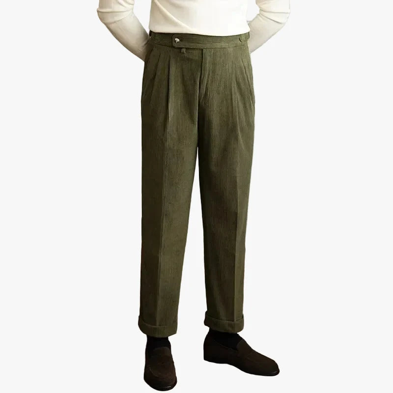 Men's Straight Leg Corduroy Pants | Pleated Front & Side Buckles