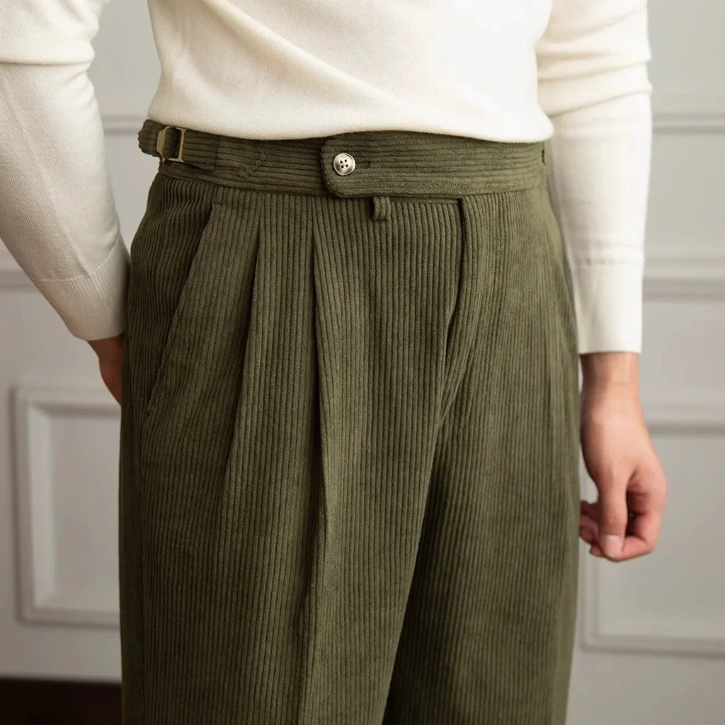 Men's Straight Leg Corduroy Pants | Pleated Front & Side Buckles