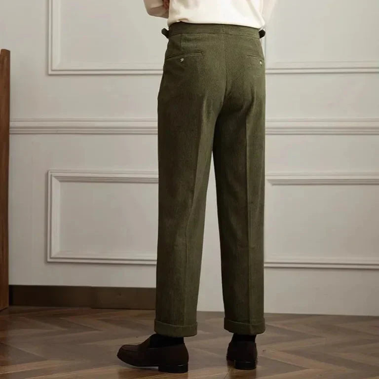 Men's Straight Leg Corduroy Pants | Pleated Front & Side Buckles