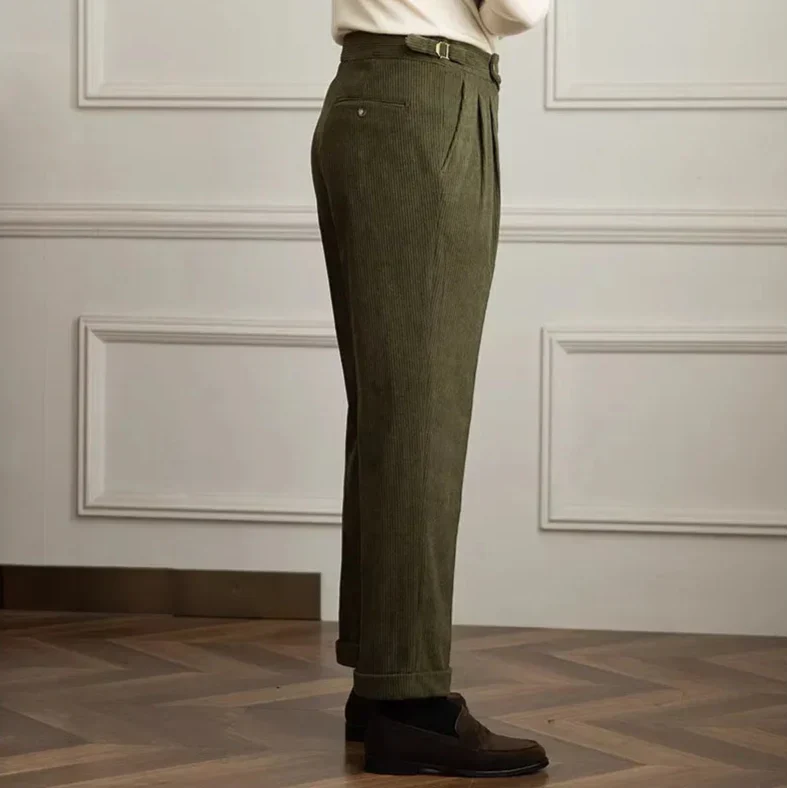 Men's Straight Leg Corduroy Pants | Pleated Front & Side Buckles