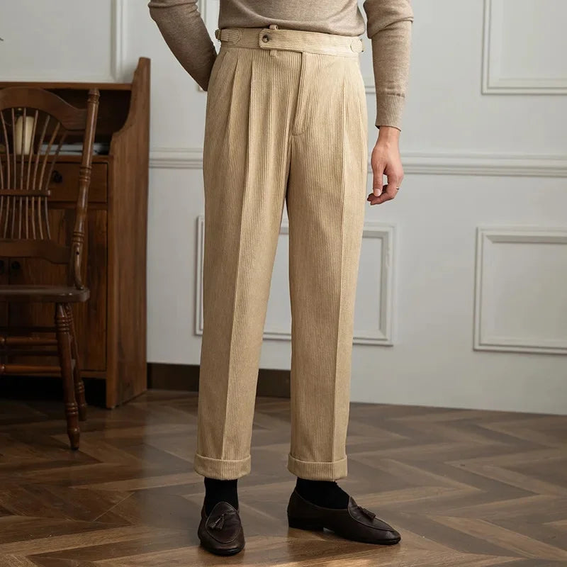 Men's Straight Leg Corduroy Pants | Pleated Front & Side Buckles
