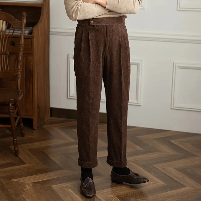 Men's Straight Leg Corduroy Pants | Pleated Front & Side Buckles