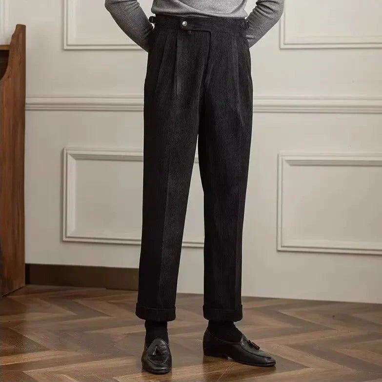 Men's Straight Leg Corduroy Pants | Pleated Front & Side Buckles