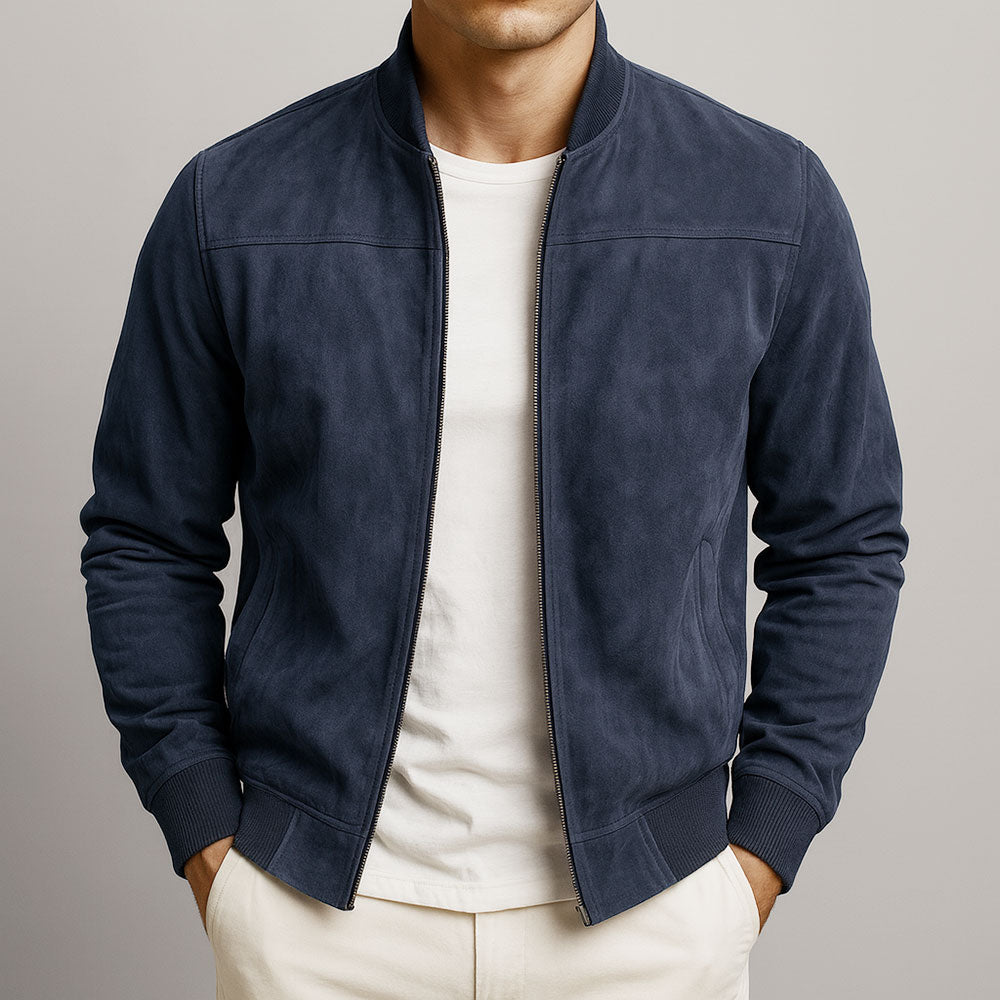 Men's Suede Bomber Jacket | Zip Front & Rib Trim
