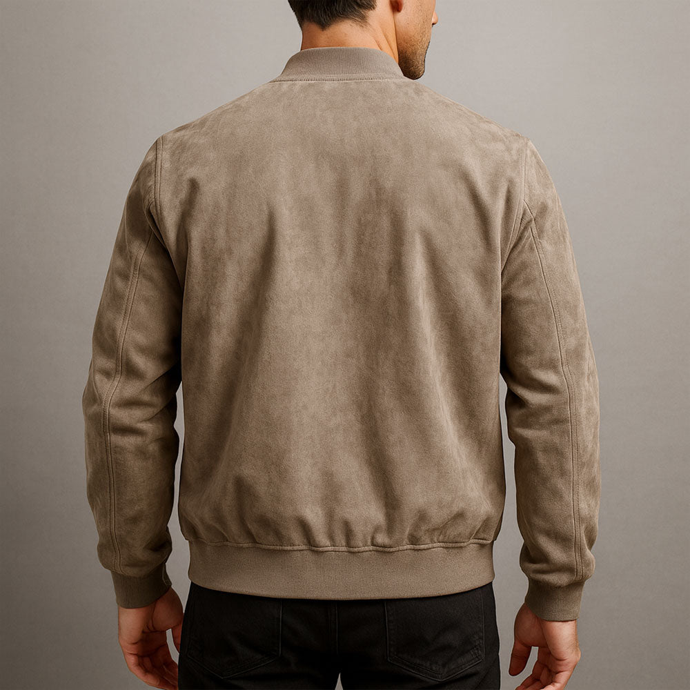 Men's Suede Bomber Jacket | Zip Front & Rib Trim