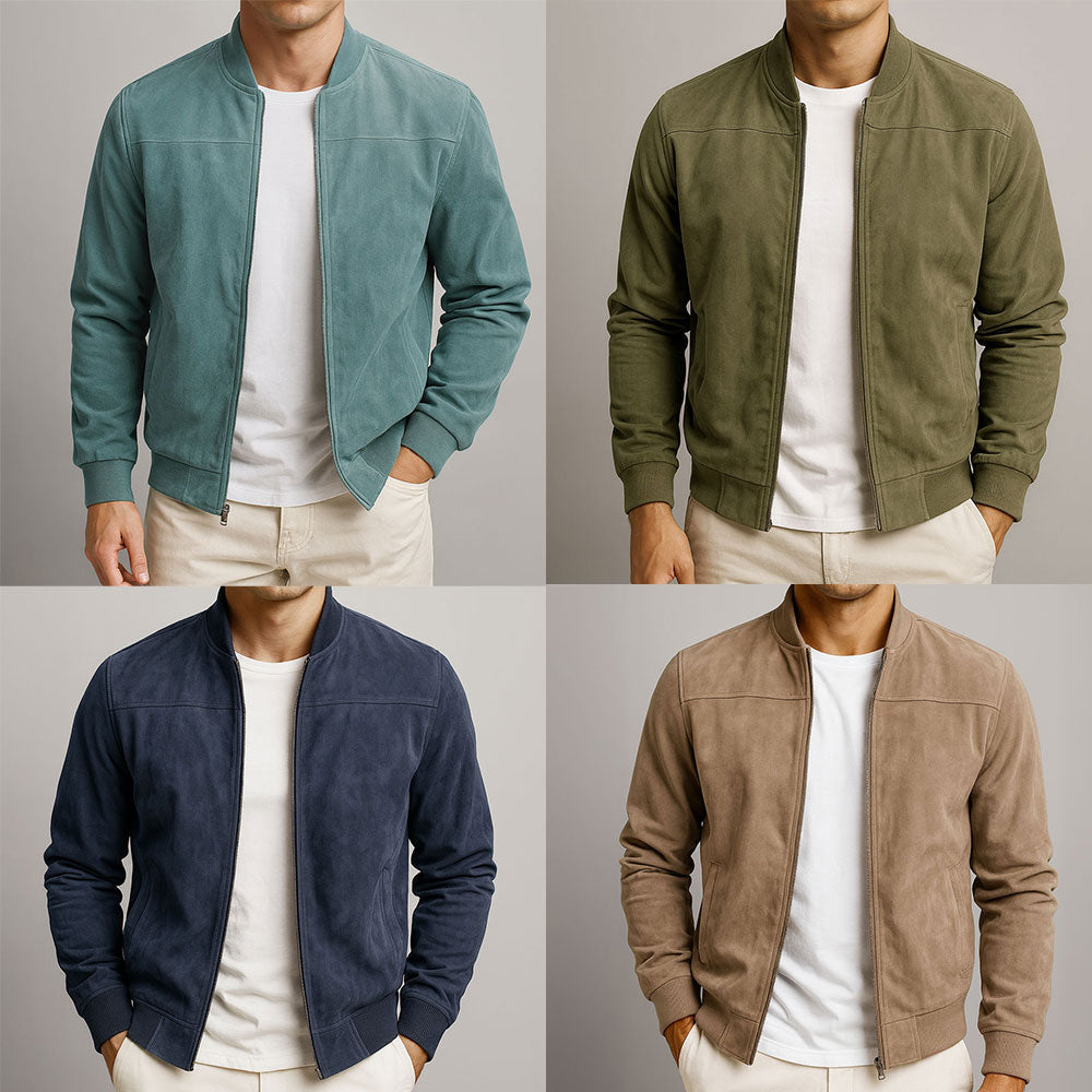 Men's Suede Bomber Jacket | Zip Front & Rib Trim