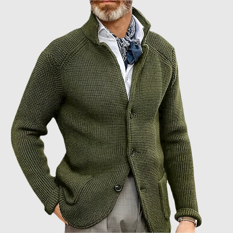 Men's Waffle-Knit Cardigan Sweater | Stand Collar & Button Front