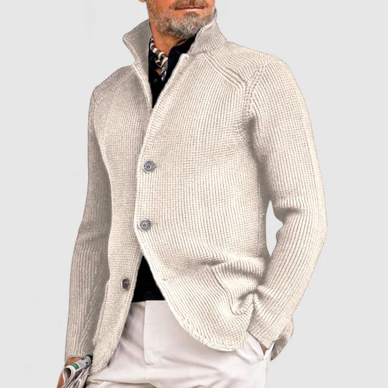 Men's Waffle-Knit Cardigan Sweater | Stand Collar & Button Front