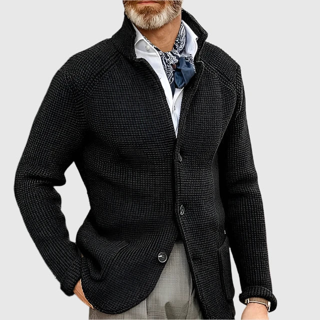 Men's Waffle-Knit Cardigan Sweater | Stand Collar & Button Front