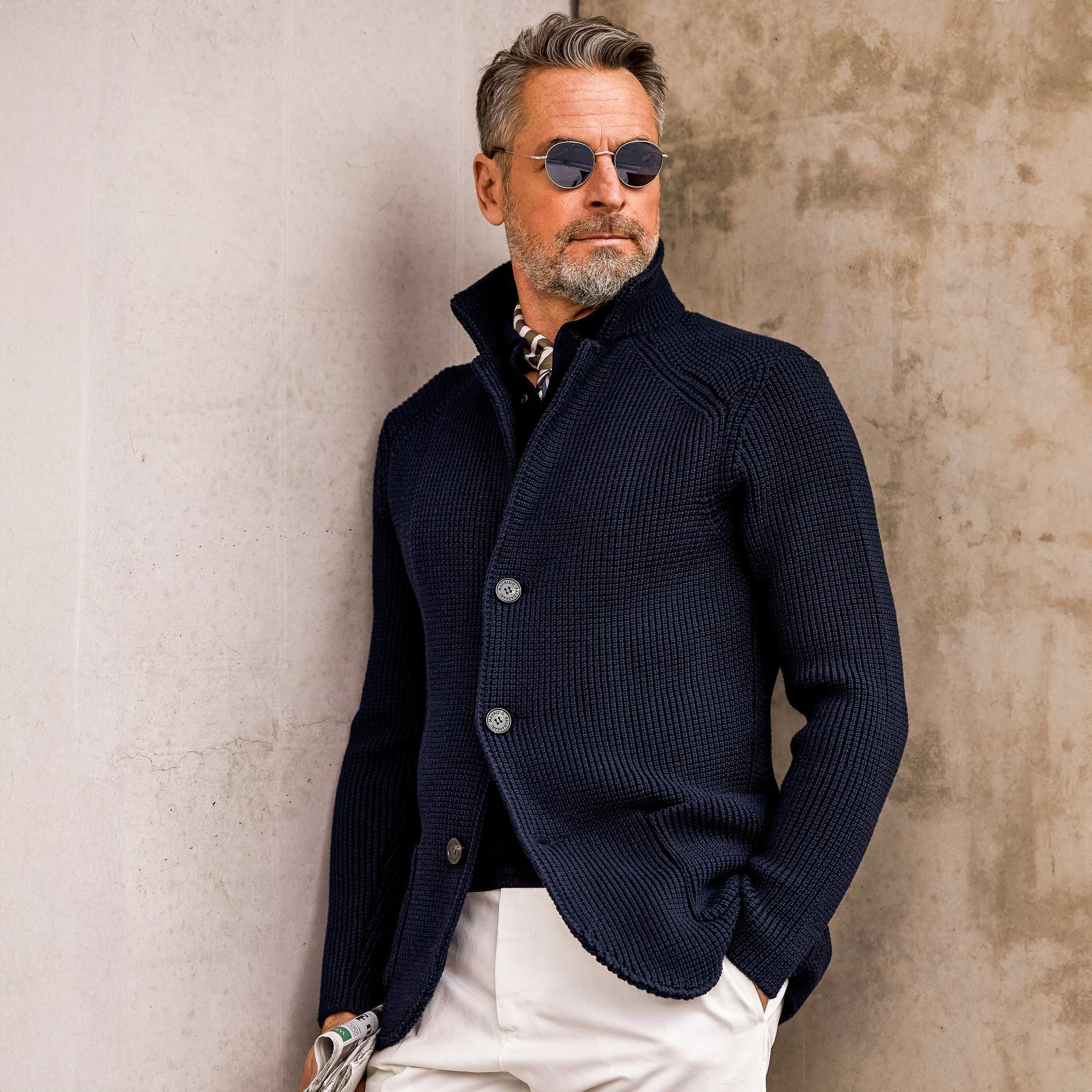 Men's Waffle-Knit Cardigan Sweater | Stand Collar & Button Front
