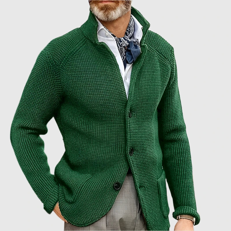 Men's Waffle-Knit Cardigan Sweater | Stand Collar & Button Front