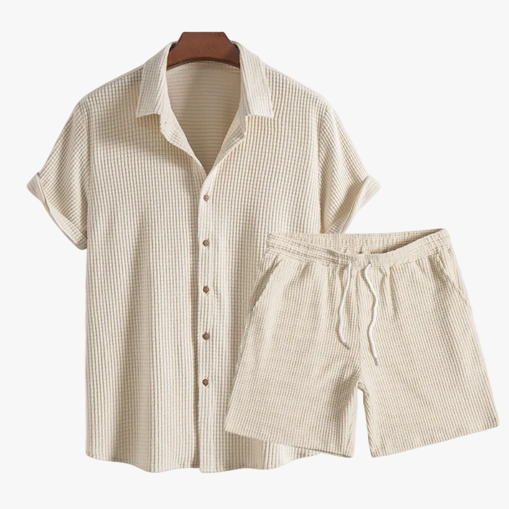 Men's Waffle-Knit Lounge Set | Button Shirt & Drawstring Shorts