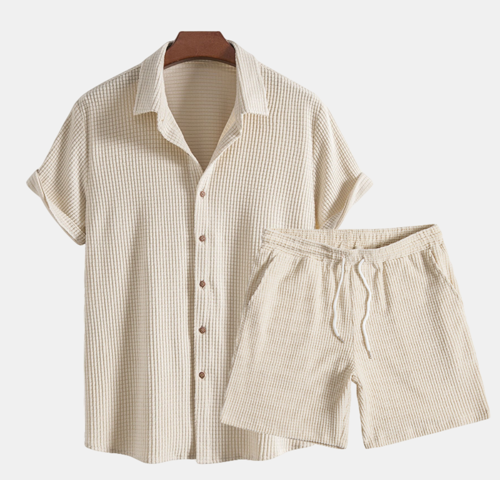 Men's Waffle-Knit Lounge Set | Button Shirt & Drawstring Shorts