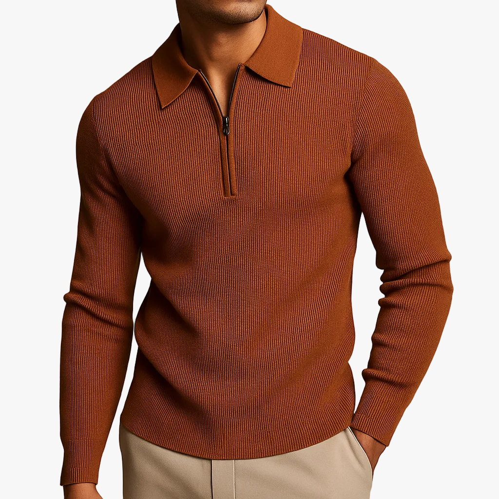 Men's Waffle Knit Sweater | Quarter Zip & Pointed Collar