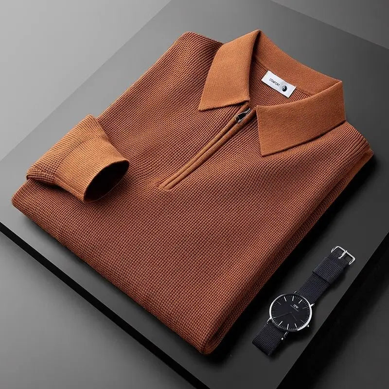 Men's Waffle Knit Sweater | Quarter Zip & Pointed Collar