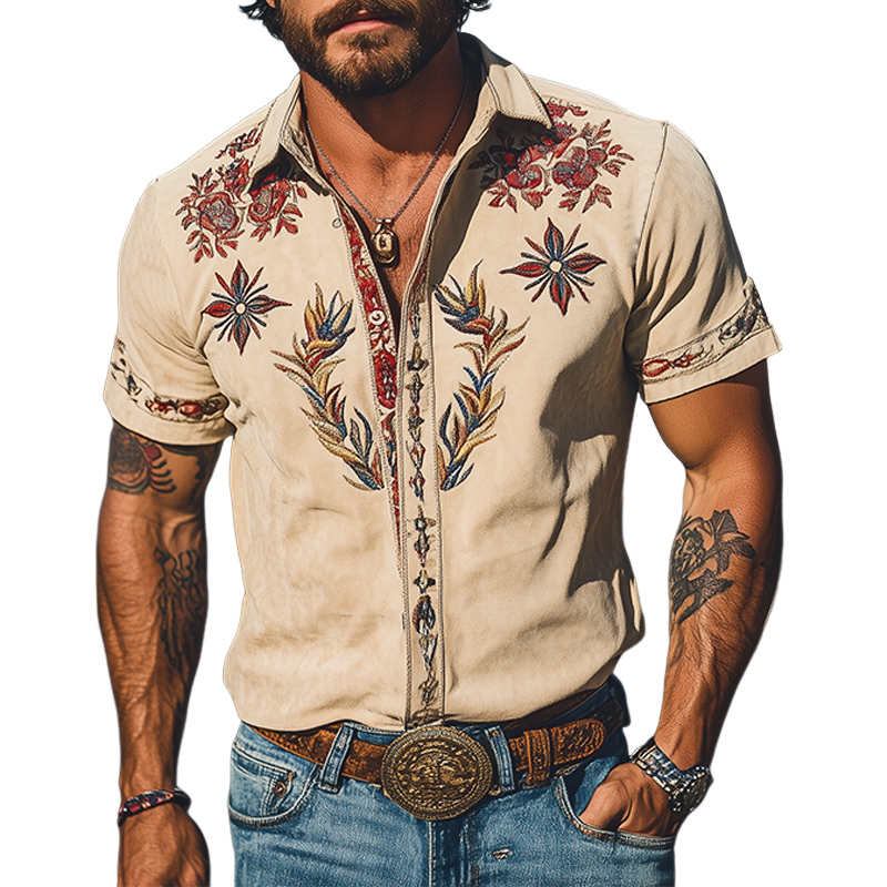 Men's Western Embroidered Short-Sleeve Shirt