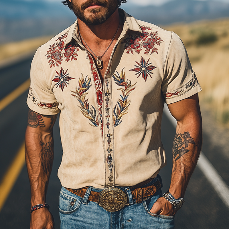 Men's Western Embroidered Short-Sleeve Shirt