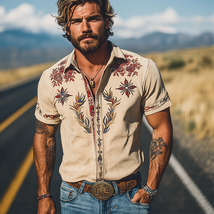 Men's Western Embroidered Short-Sleeve Shirt