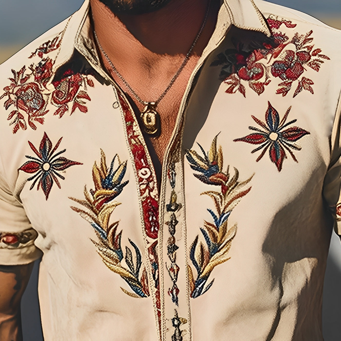 Men's Western Embroidered Short-Sleeve Shirt