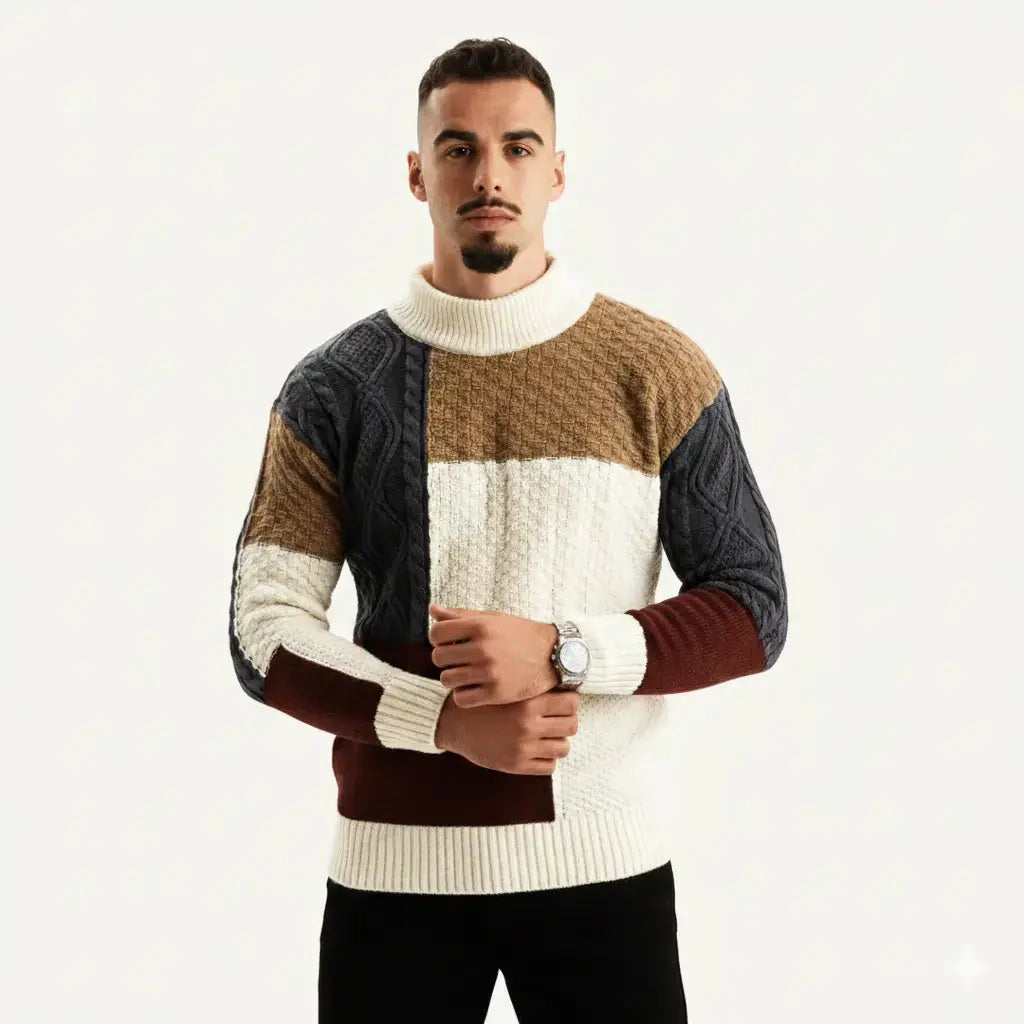 Men's Patchwork Knit Sweater | Ribbed Hem & Long Sleeves
