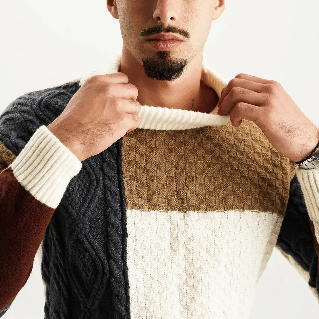 Men's Patchwork Knit Sweater | Ribbed Hem & Long Sleeves