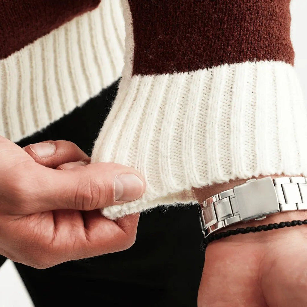 Men's Patchwork Knit Sweater | Ribbed Hem & Long Sleeves