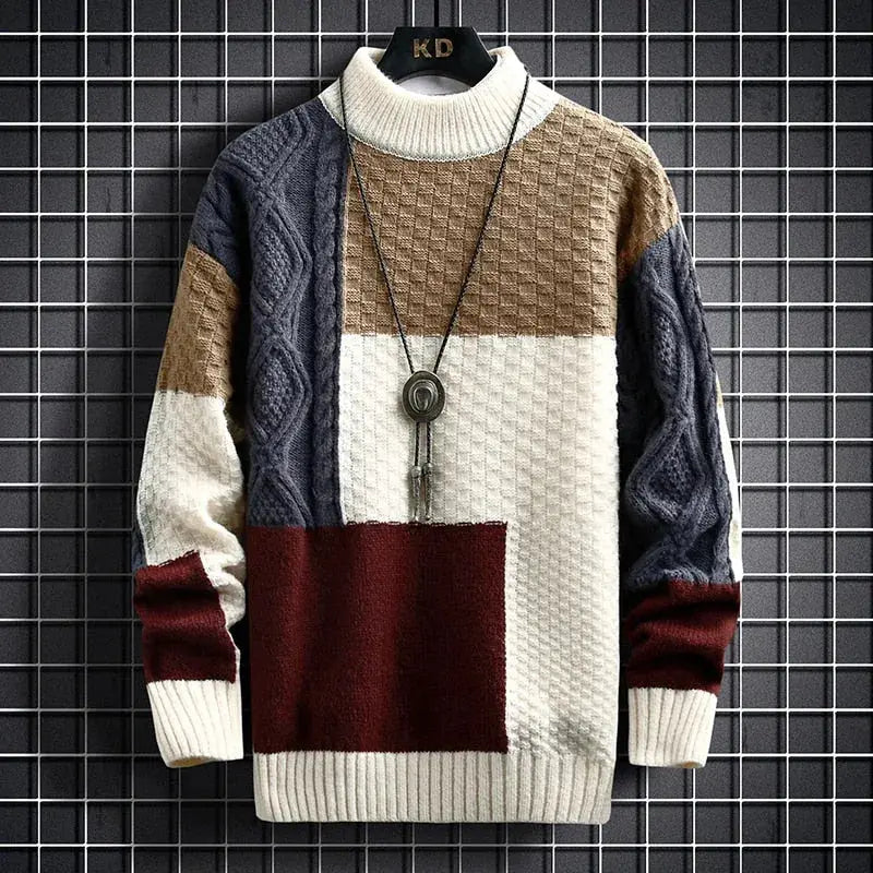 Men's Patchwork Knit Sweater | Ribbed Hem & Long Sleeves
