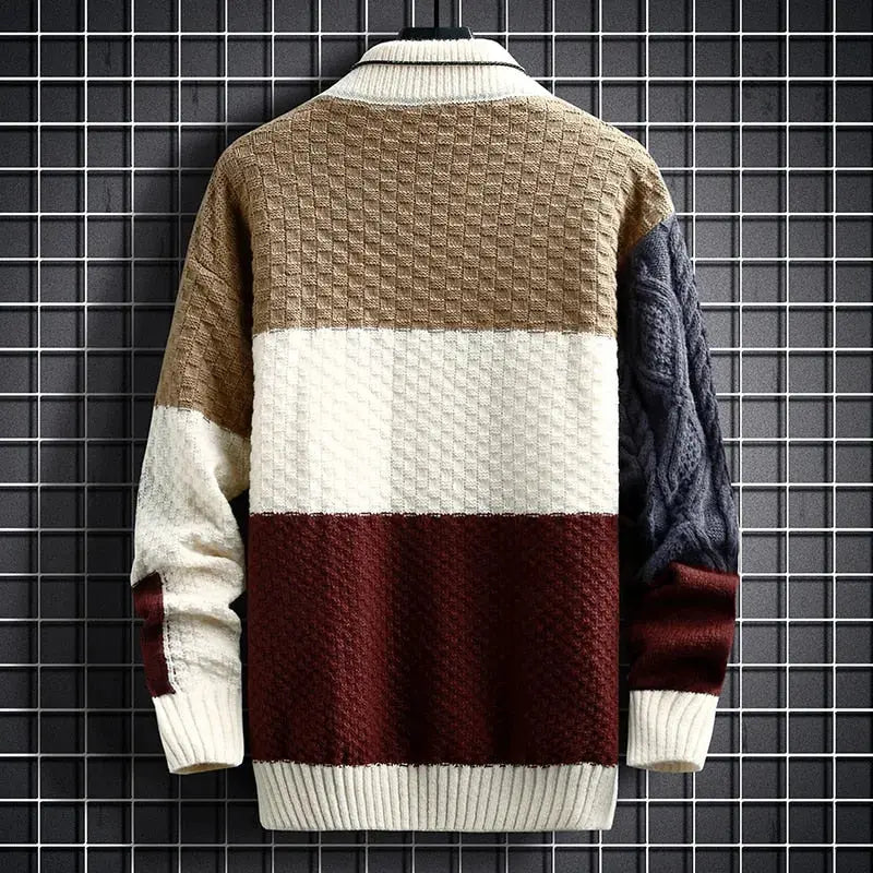 Men's Patchwork Knit Sweater | Ribbed Hem & Long Sleeves