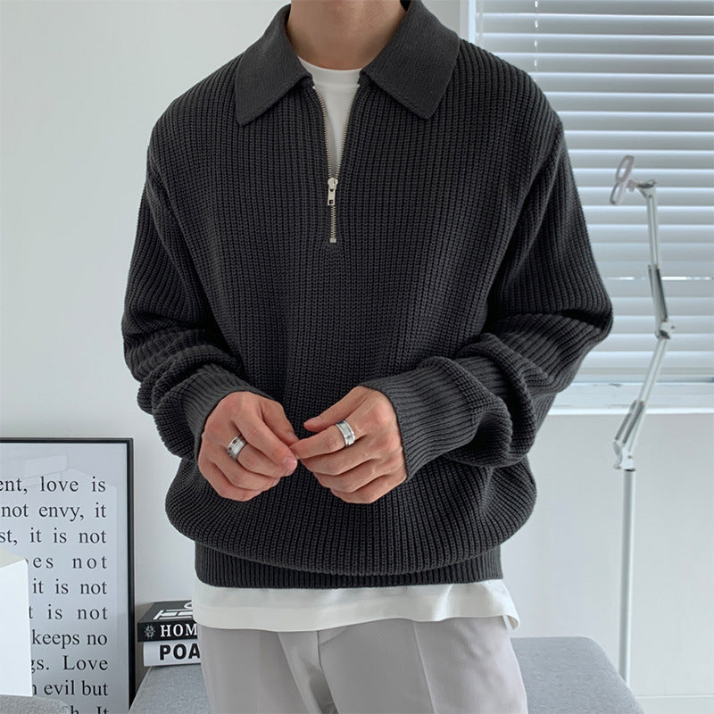 Men's Rib Knit Sweater | Quarter Zip & Spread Collar