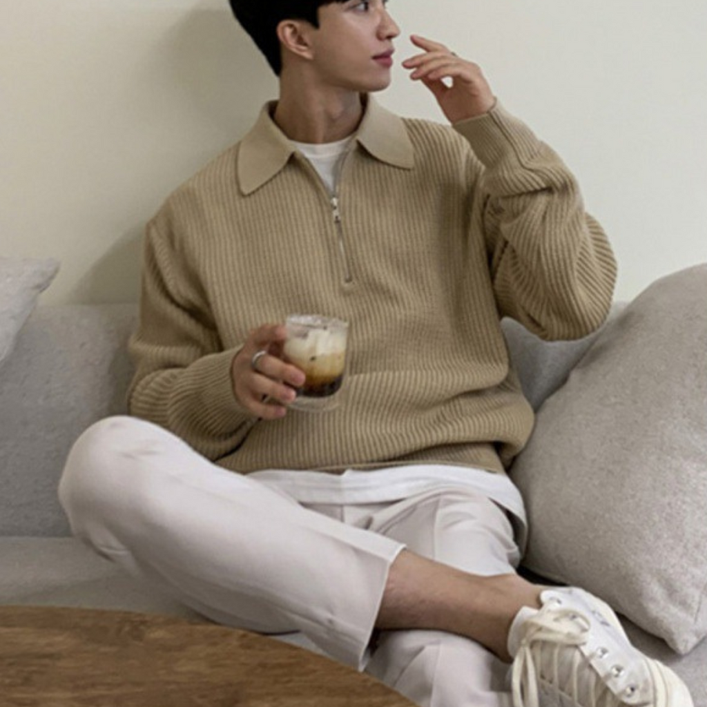 Men's Rib Knit Sweater | Quarter Zip & Spread Collar