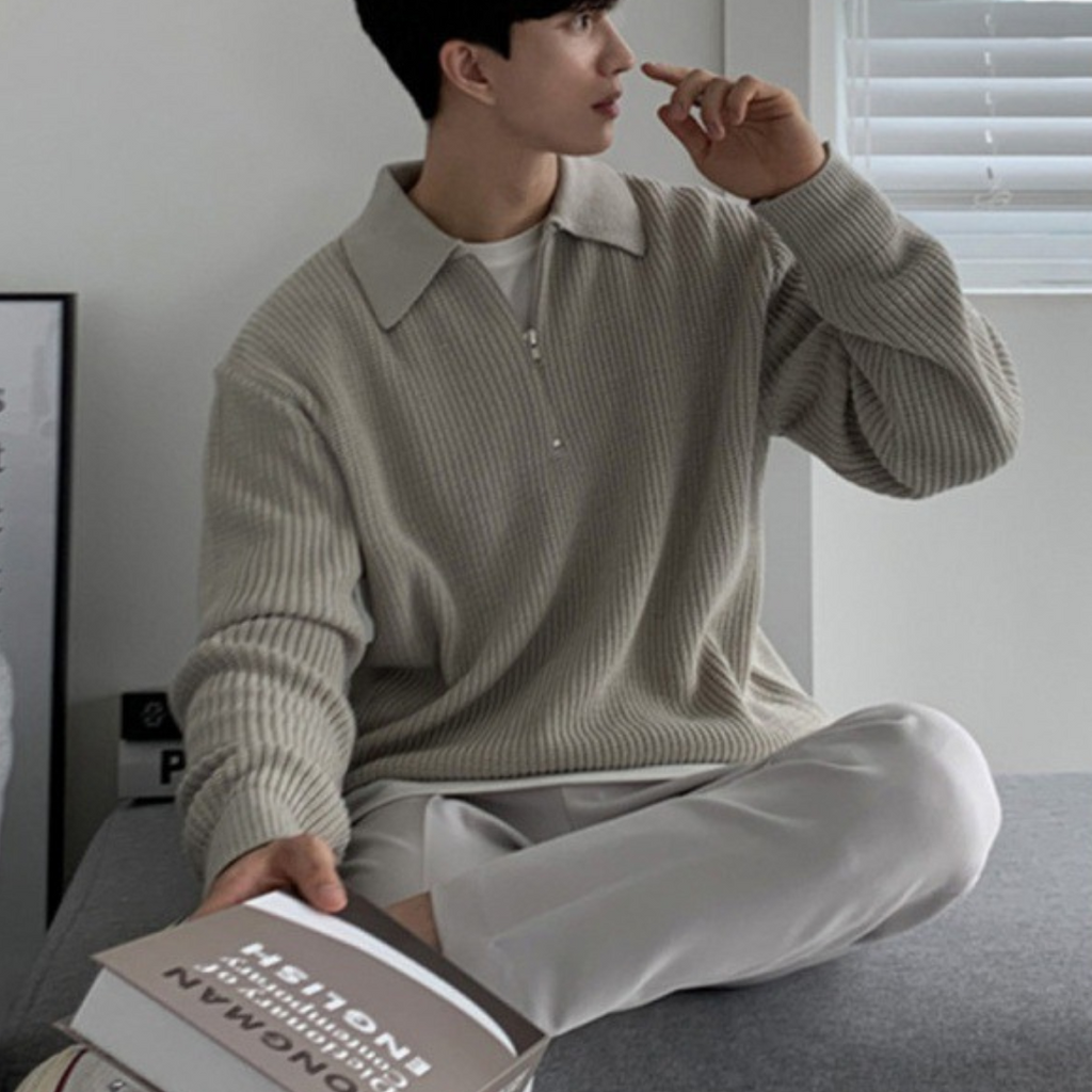 Men's Rib Knit Sweater | Quarter Zip & Spread Collar