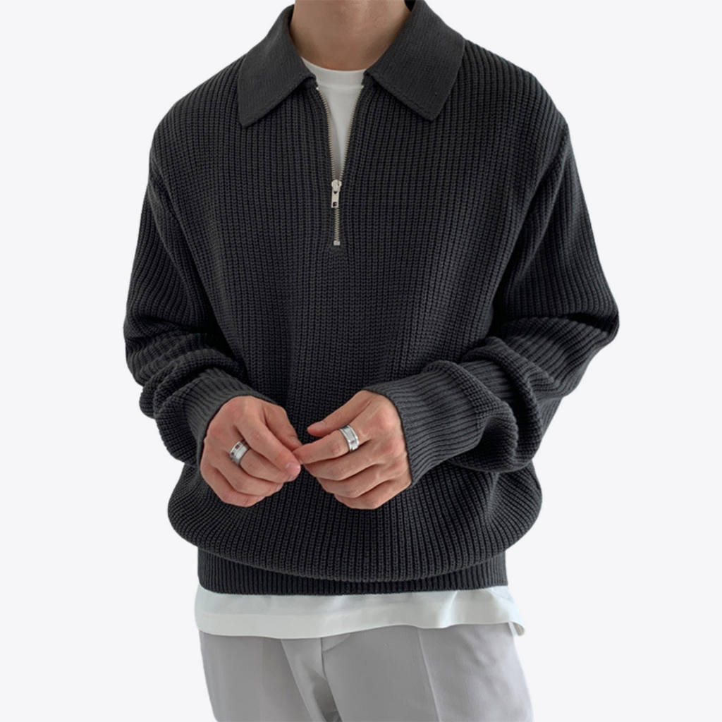 Men's Rib Knit Sweater | Quarter Zip & Spread Collar