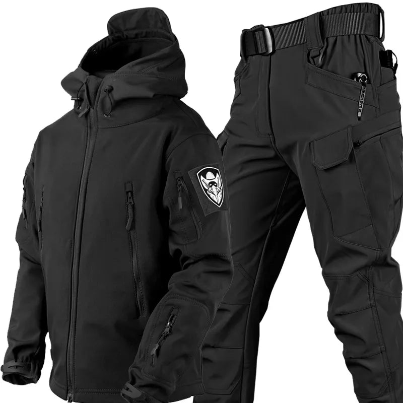 Men's Tactical Polyester Jacket and Pants Set | Hood & Zip Pockets