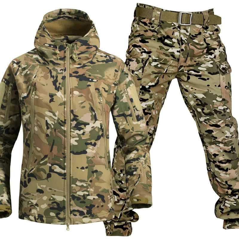 Men's Tactical Polyester Jacket and Pants Set | Hood & Zip Pockets
