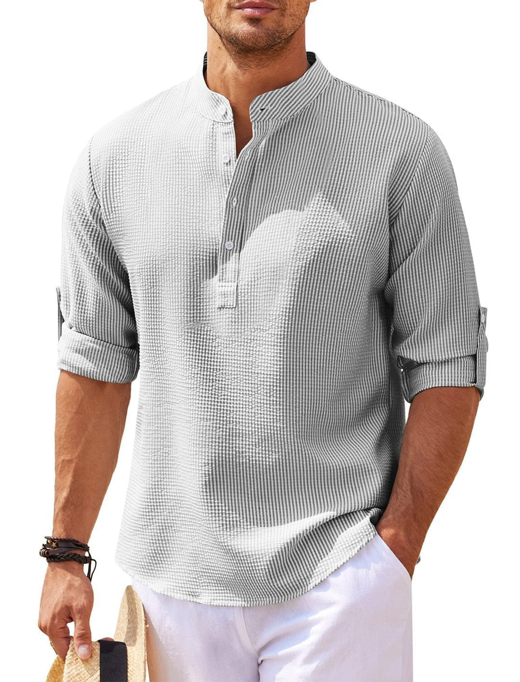 Men's Weave Shirt | Band Collar & Roll Tabs