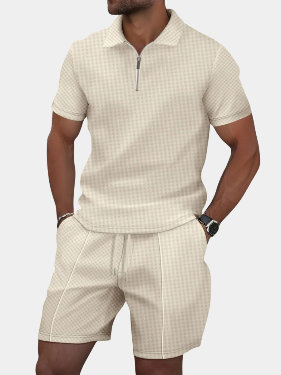 Men's Waffle Knit Polo and Shorts Set | Zip Placket